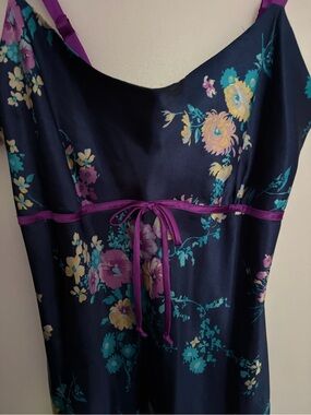 Floral Satin Chemise Slip Dress - Navy with Purple Trim